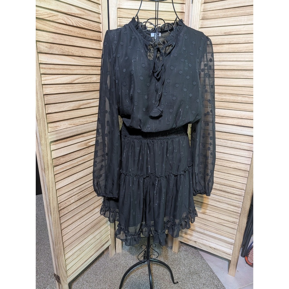 VOY | Black Ruffle Sheer/Lined Mini Dress Size Medium Party